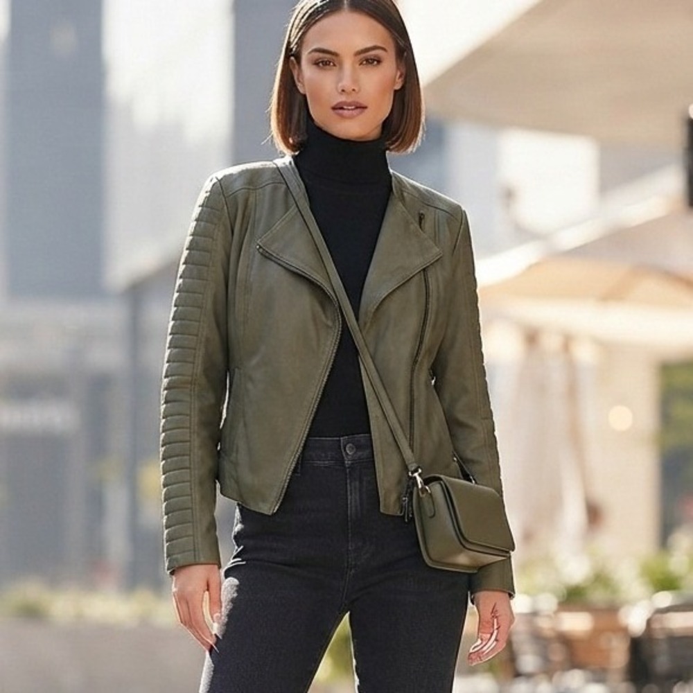 Cupcakes & Cashmere Moto Jacket Olive Green Faux Suede Asymmetric Zip Vegan M
